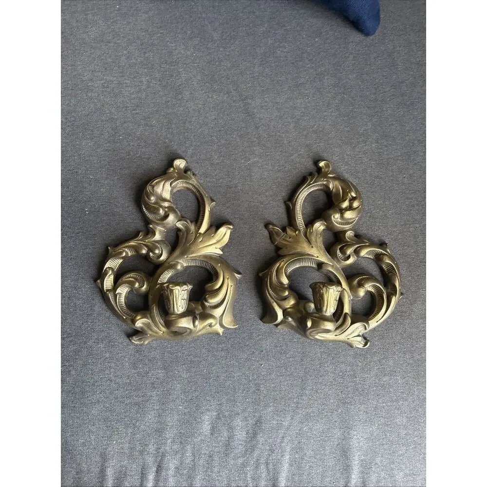 Vintage Holland Mold Gold Tone Metal Wall Candle Sconces Pair Ornate Baroque
